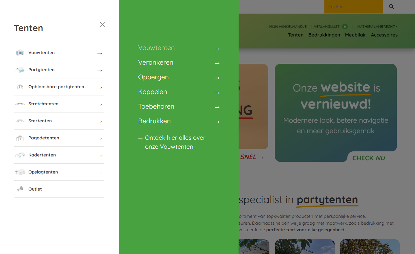 TecTronic Feesttenten website screenshot navigatie