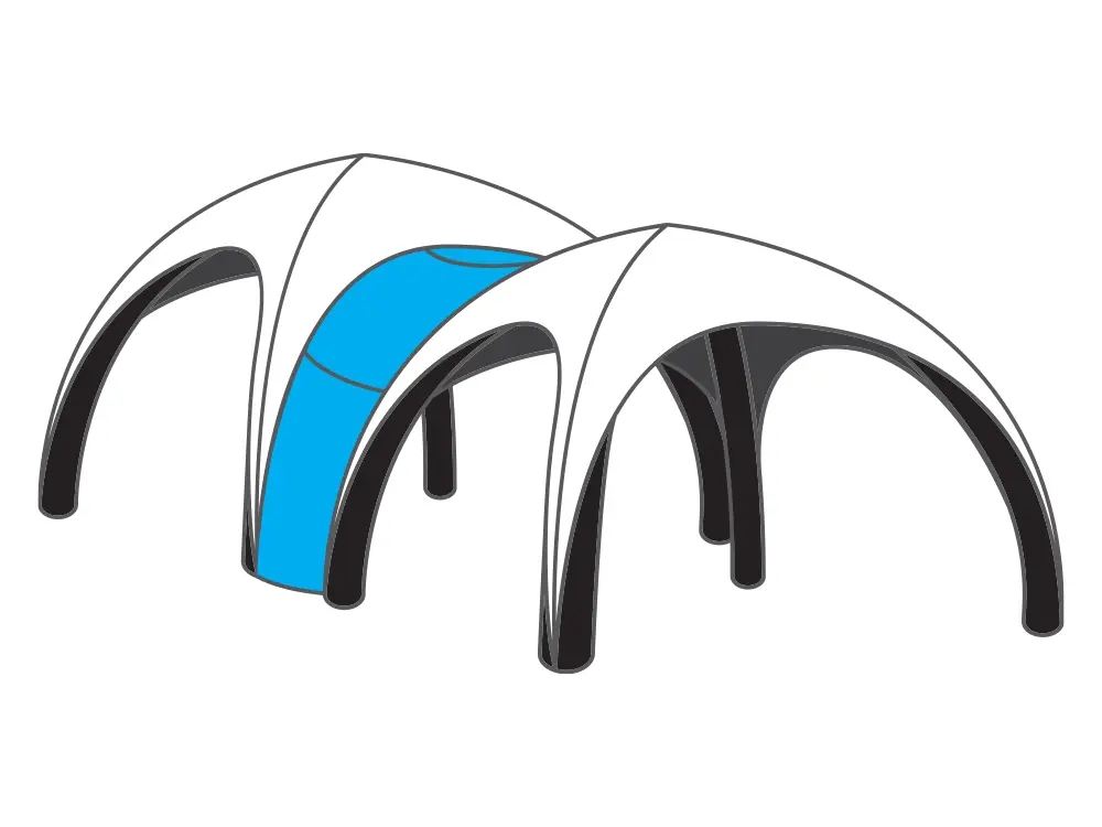 Opblaastent: verbindingsstuk bedrukt